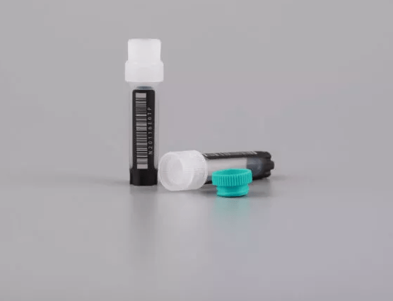NEST Cryovials 2D barcode on bottom, and 1D barcode on side - Racked packaging