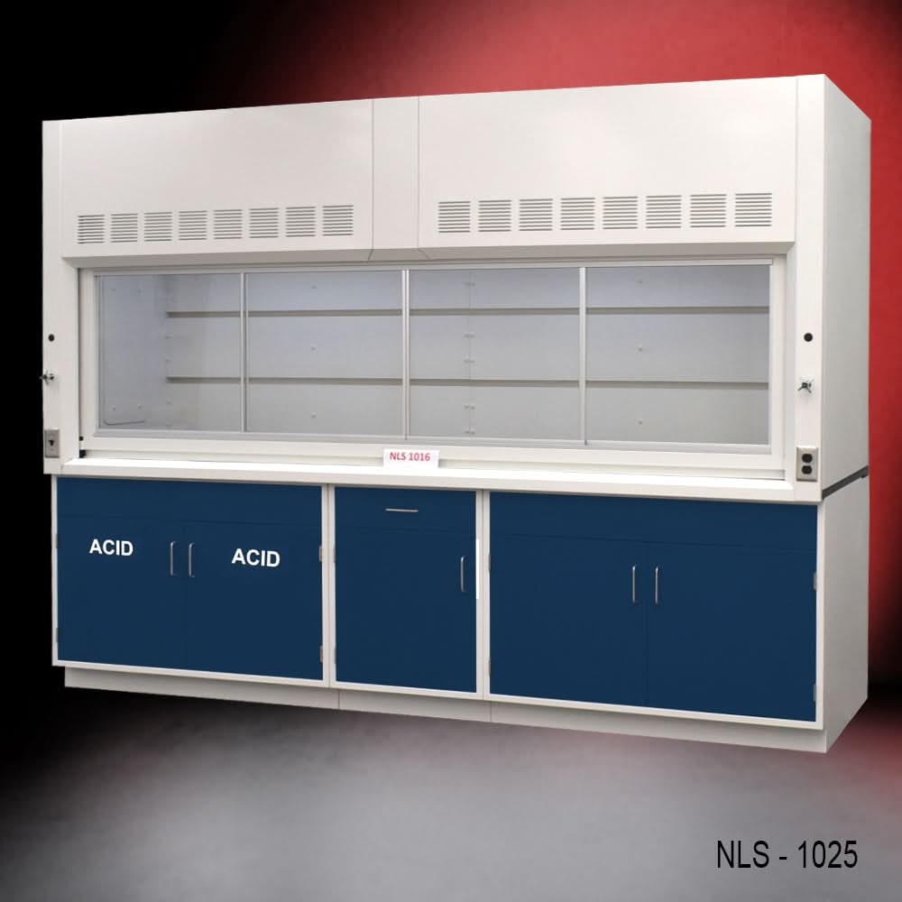 10′ x 48″ Fisher American Fume Hood w/ Blue ACID & General Storage Cabinets