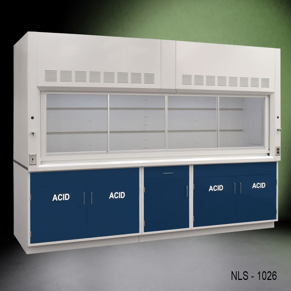 10′ x 48″ Fisher American Fume Hood w/ Blue ACID Storage Cabinets