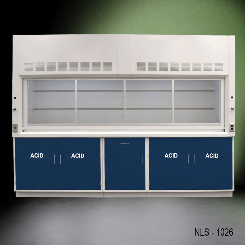 10′ x 48″ Fisher American Fume Hood w/ Blue ACID Storage Cabinets