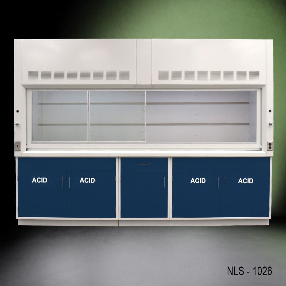 10′ x 48″ Fisher American Fume Hood w/ Blue ACID Storage Cabinets