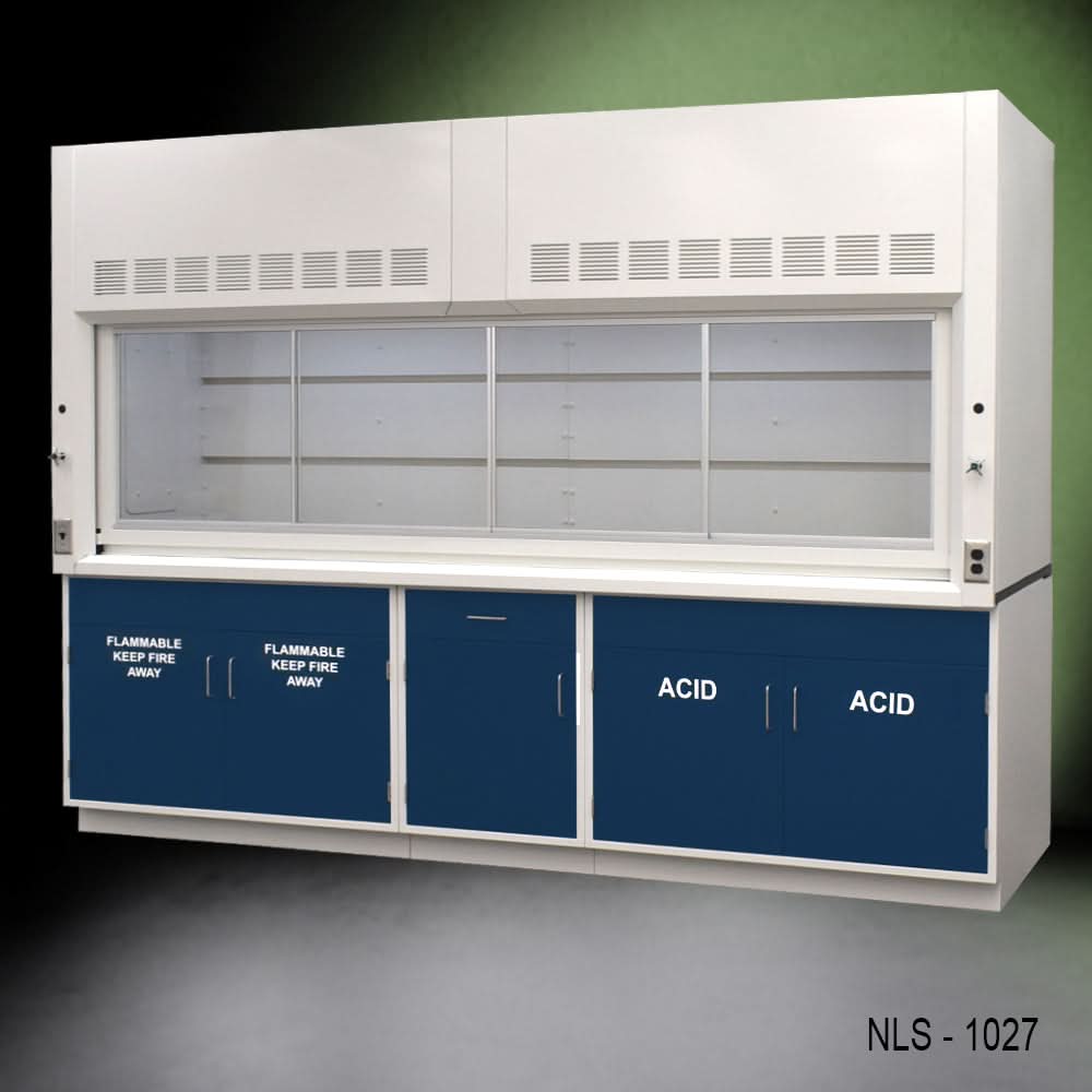 10′ x 48″ Fisher American Chemical Fume Hood w/ Blue ACID & Flammable Storage