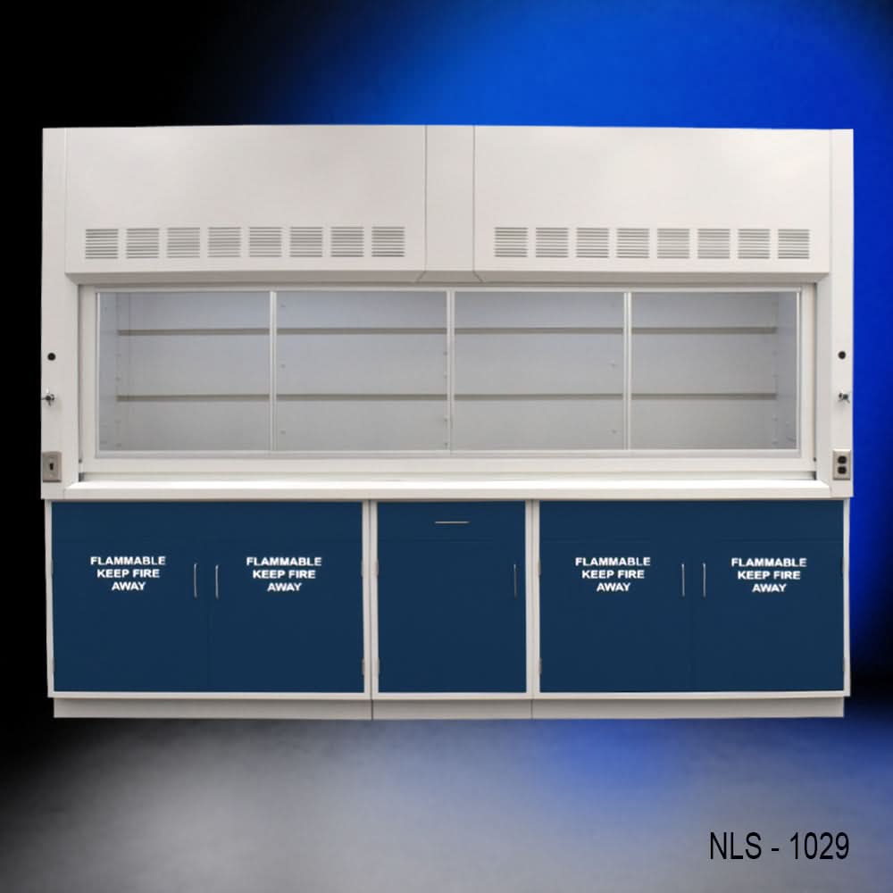 10′ x 48″ Fisher American Fume Hood w/ Blue Flammable Storage Cabinets