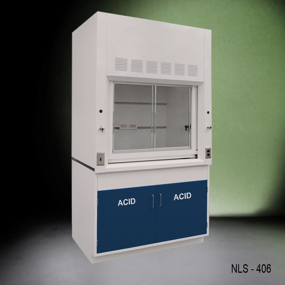 4′ Fisher American Fume Hood w/ Blue Acid Base Cabinets