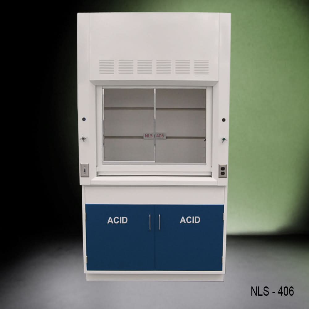 4′ Fisher American Fume Hood w/ Blue Acid Base Cabinets