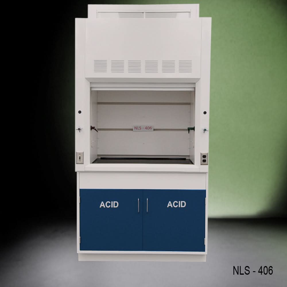 4′ Fisher American Fume Hood w/ Blue Acid Base Cabinets