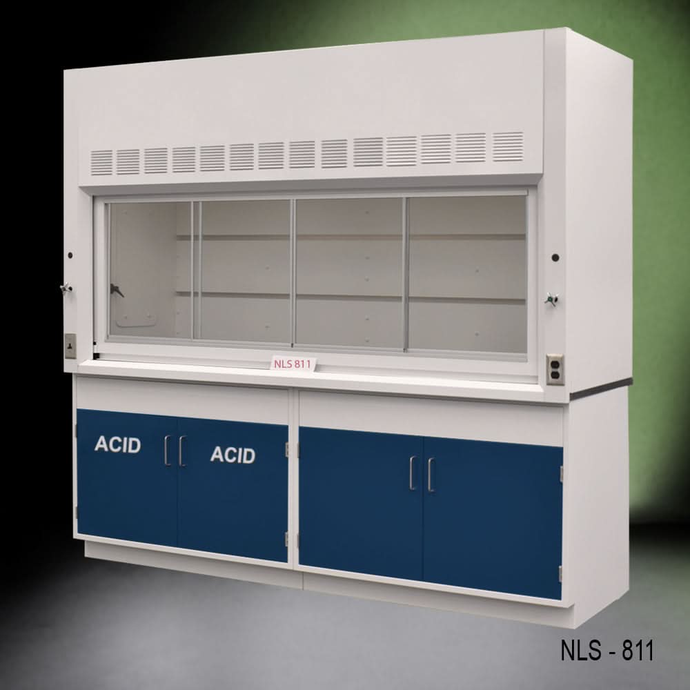 8′ Fisher American Fume Hood w/ Blue Acid Cabinets