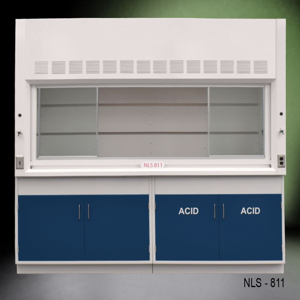 8′ Fisher American Fume Hood w/ Blue Acid Cabinets