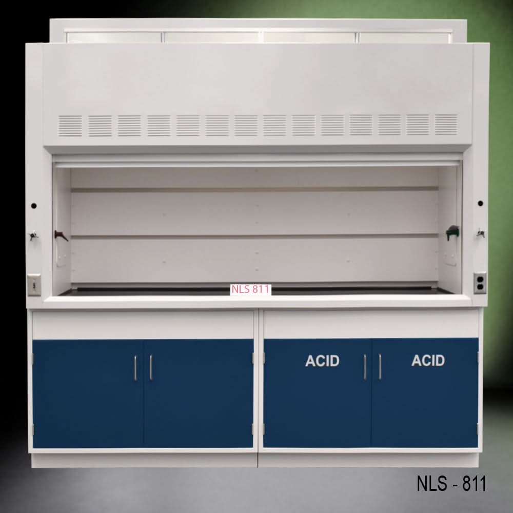 8′ Fisher American Fume Hood w/ Blue Acid Cabinets