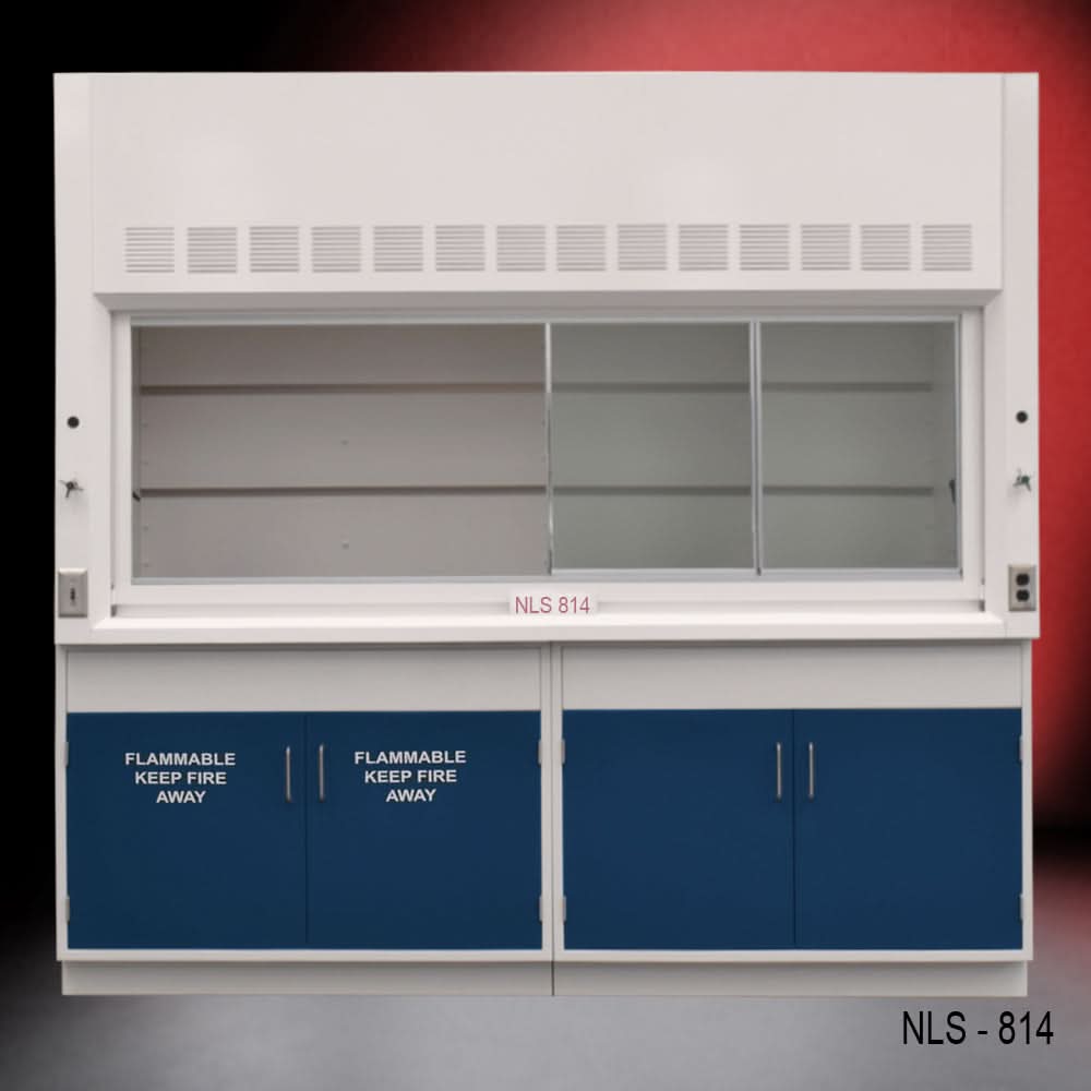 8′ Fisher American Fume Hood w/ Blue Flammable & General Storage Cabinets