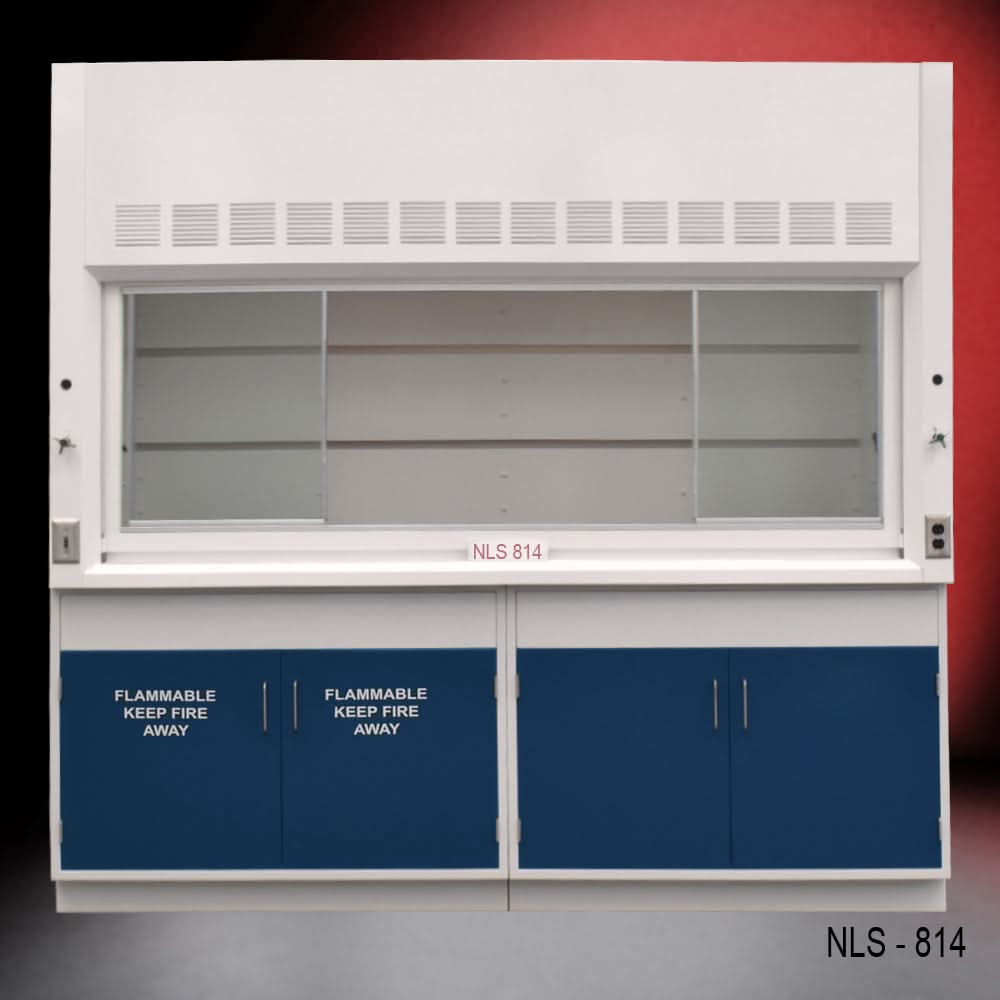 8′ Fisher American Fume Hood w/ Blue Flammable & General Storage Cabinets