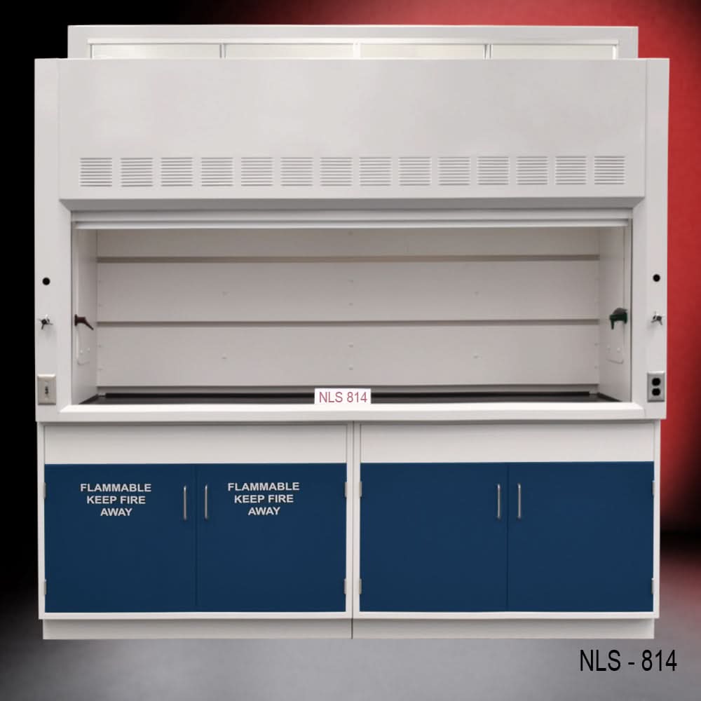 8′ Fisher American Fume Hood w/ Blue Flammable & General Storage Cabinets