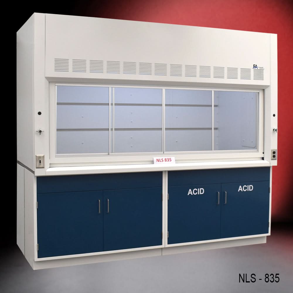 8′ x 4′ Fisher American Fume Hood w/ Blue Acid & General Cabinets
