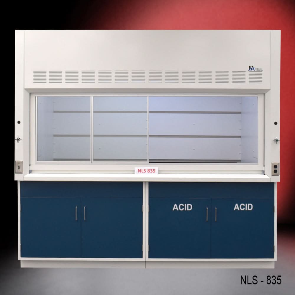8′ x 4′ Fisher American Fume Hood w/ Blue Acid & General Cabinets