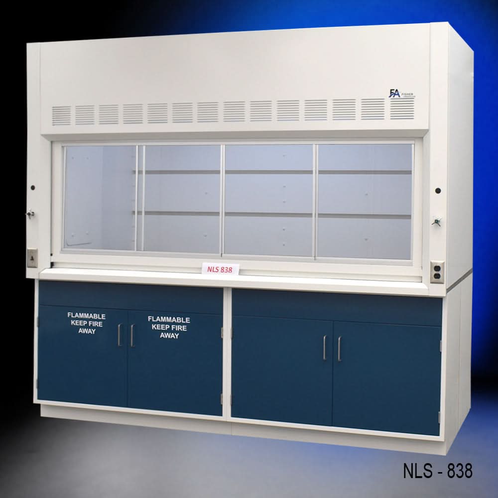 8′ x 4′ Fisher American Fume Hood w/ Blue Flammable & General Cabinets