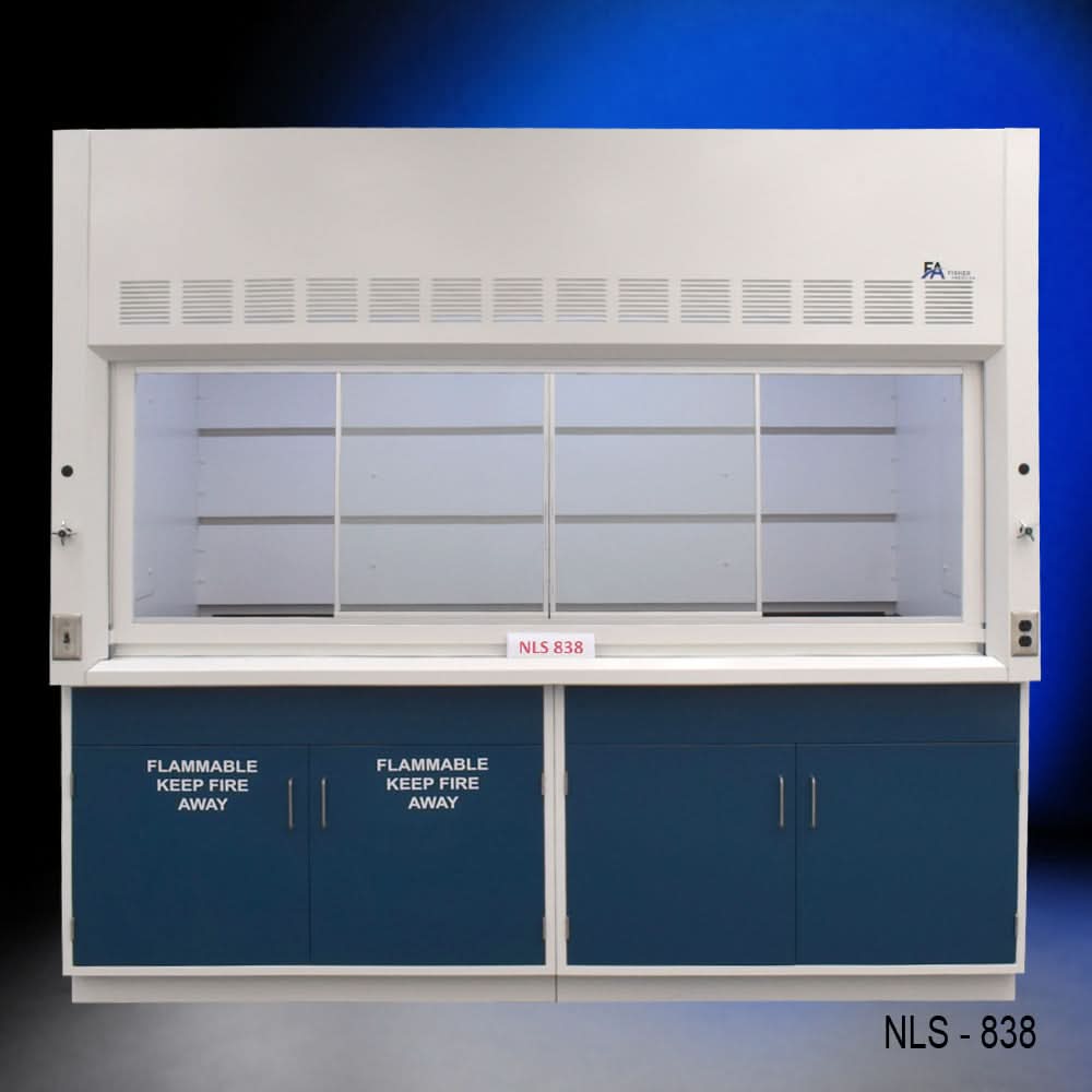 8′ x 4′ Fisher American Fume Hood w/ Blue Flammable & General Cabinets