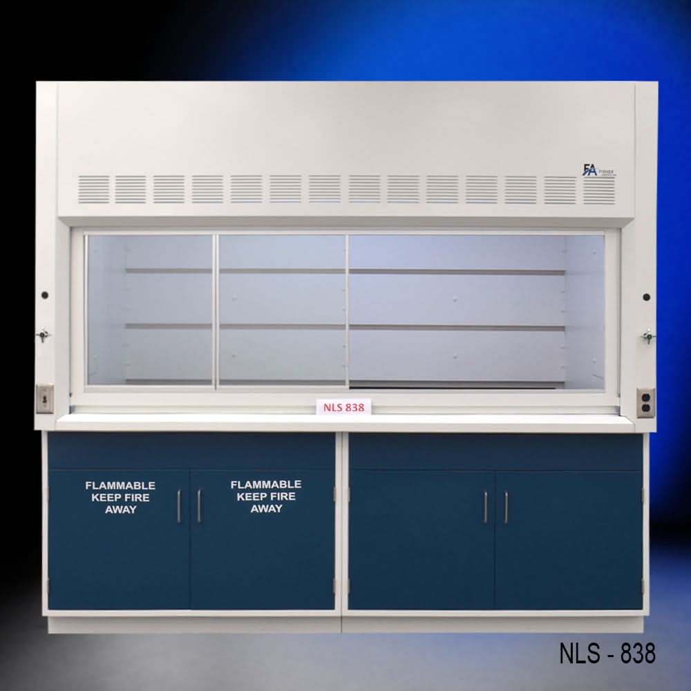 8′ x 4′ Fisher American Fume Hood w/ Blue Flammable & General Cabinets