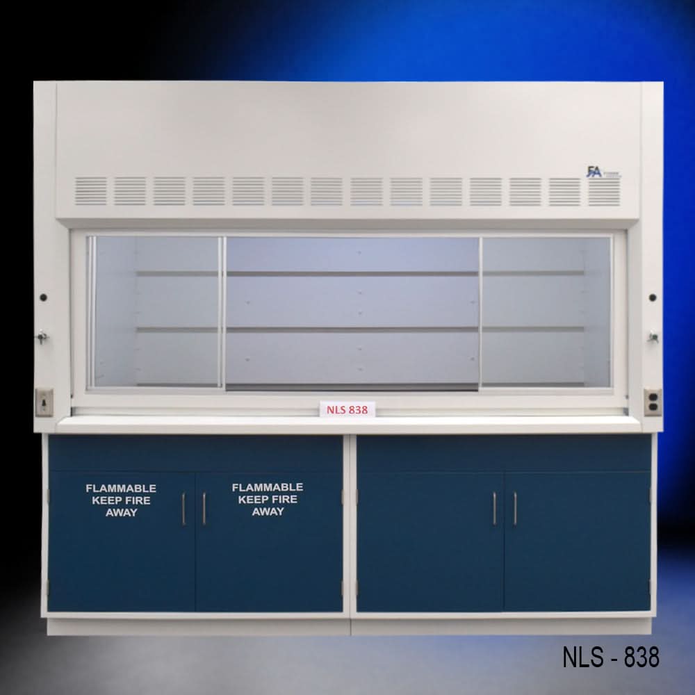 8′ x 4′ Fisher American Fume Hood w/ Blue Flammable & General Cabinets