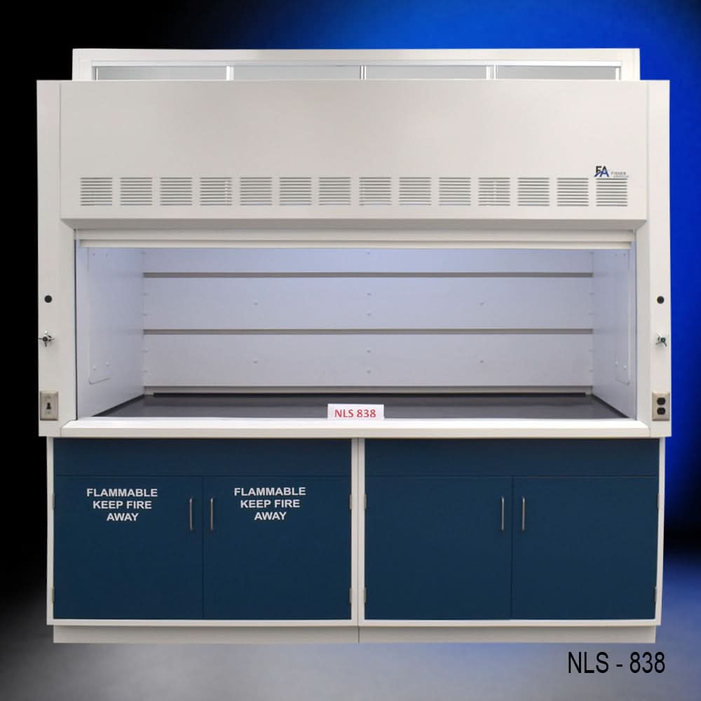 8′ x 4′ Fisher American Fume Hood w/ Blue Flammable & General Cabinets