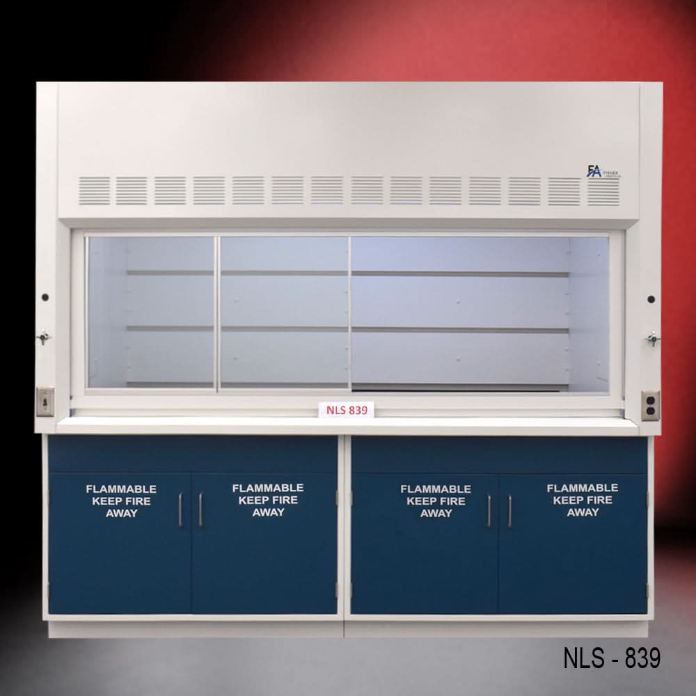 8′ x 4′ Fisher American Fume Hood w/ Blue Flammable Cabinets