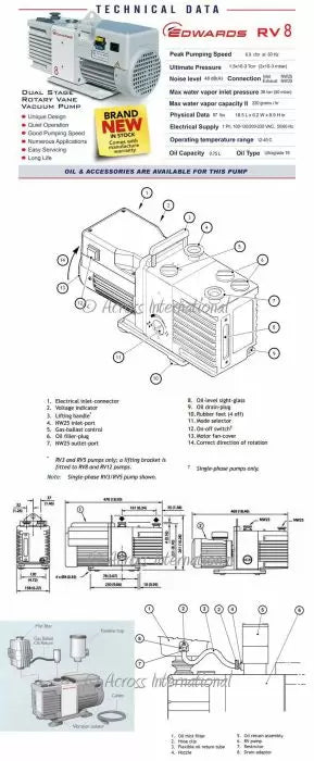 Across International Edwards RV12 Dual-Stage 8.4 CFM Vacuum Pump with Bellow & Fitting