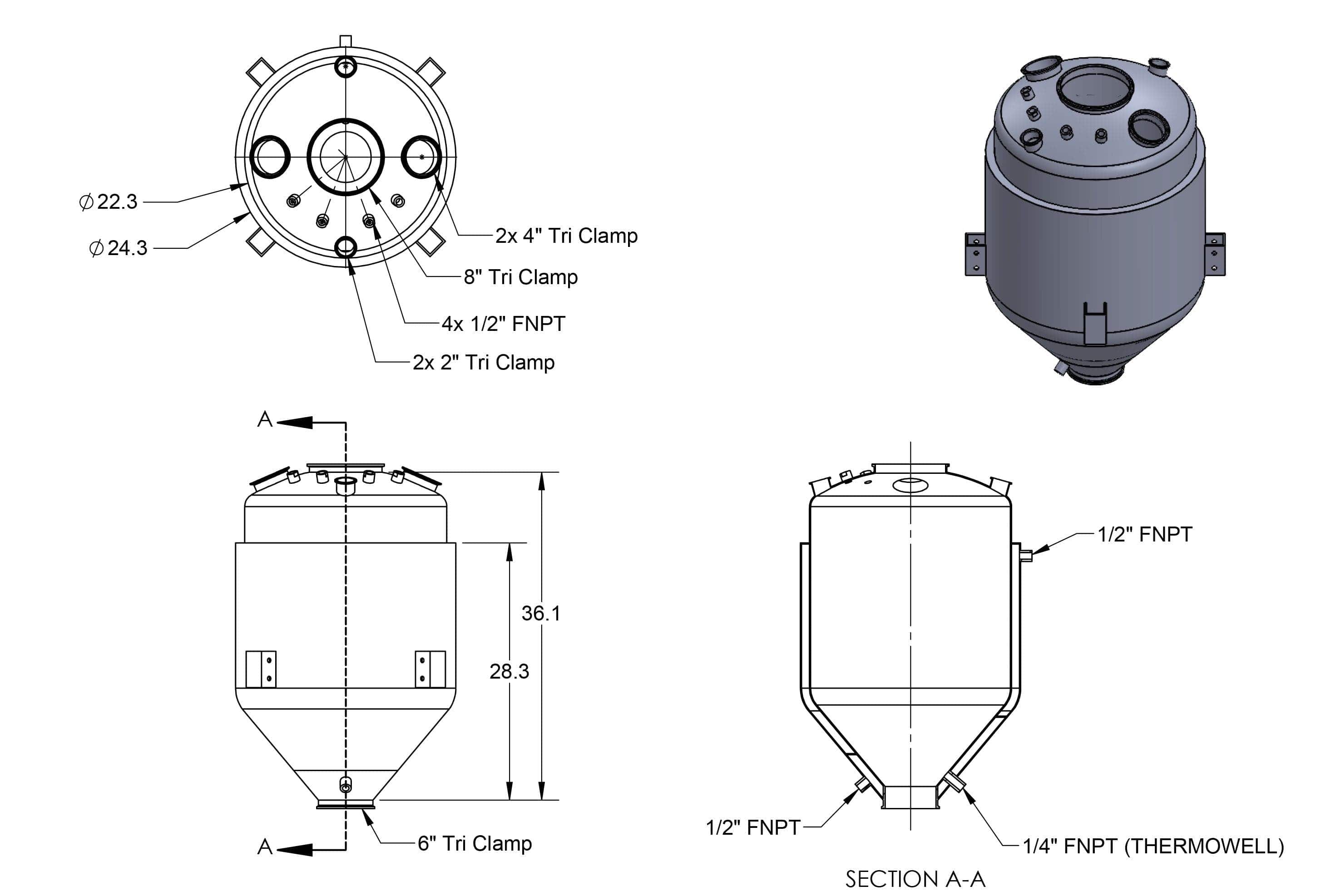 Fully Jacketed Parts BVV 150 Liter Collection Vessel with Internal Coil, Coned Bottom, and Baffle in Jacket