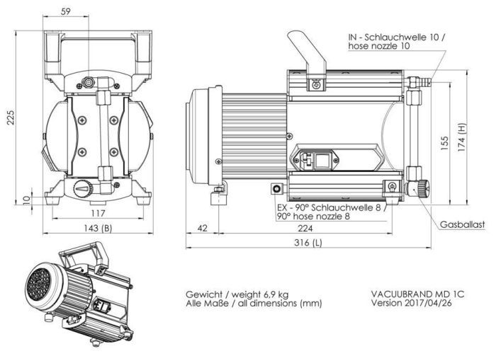 Vacuubrand MD 1C 0.9 CFM Oil-Free Chemistry Diaphragm Pump
