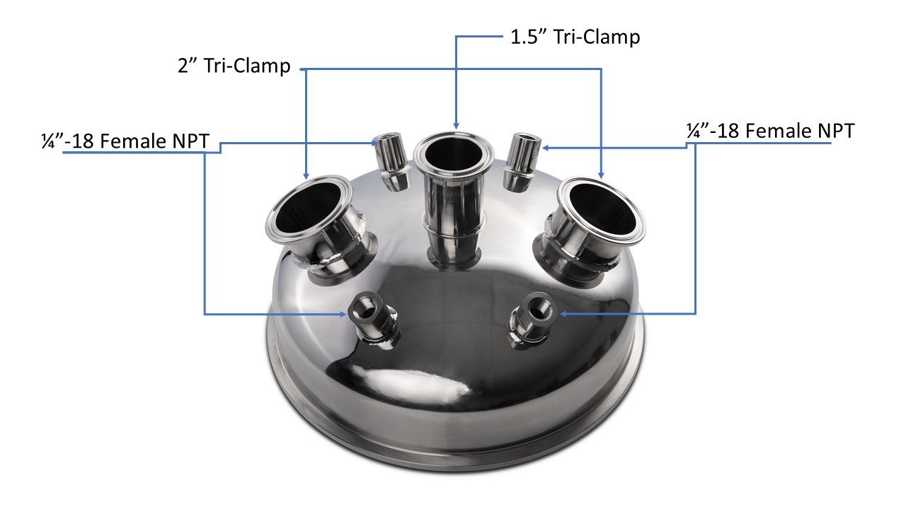 10" Tri-Clamp x (2) 2" Tri-Clamp x 1.5" Tri-Clamp x (4) 1/4" FNPT Hemispherical Lid