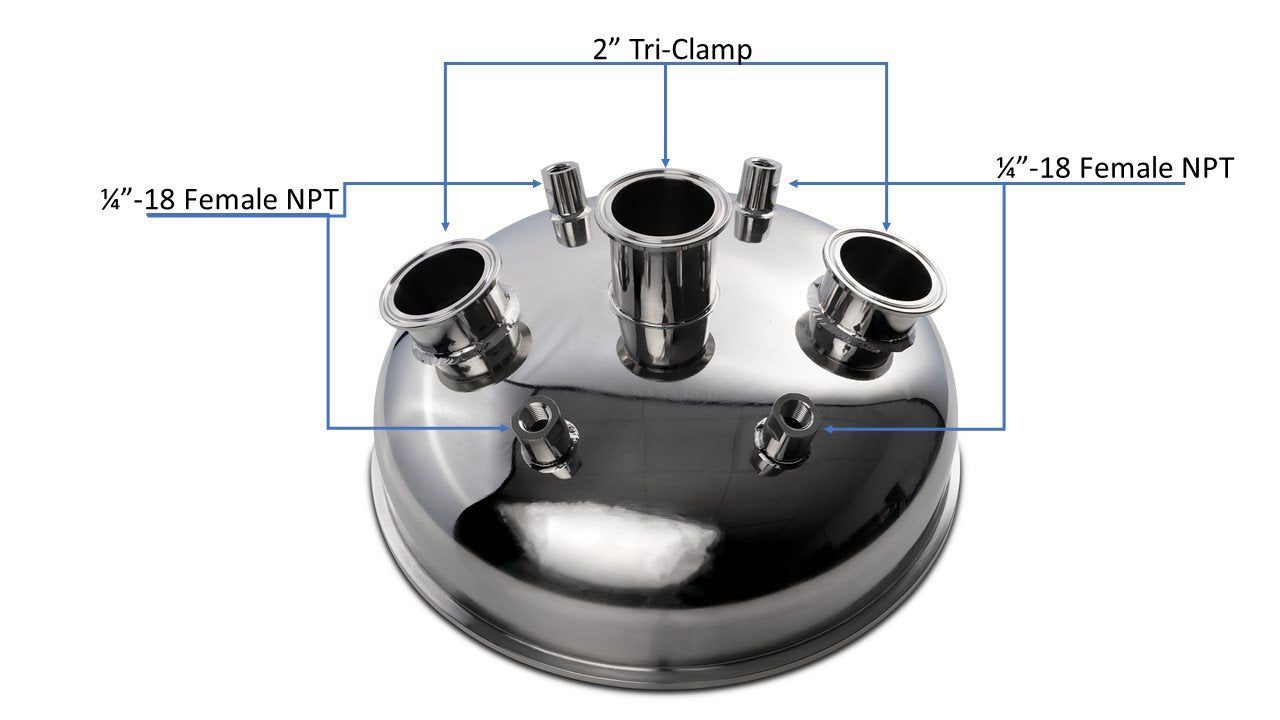 12" Tri-Clamp x (3) 2" Tri-Clamp x (4) 1/4" FNPT Hemispherical Lid
