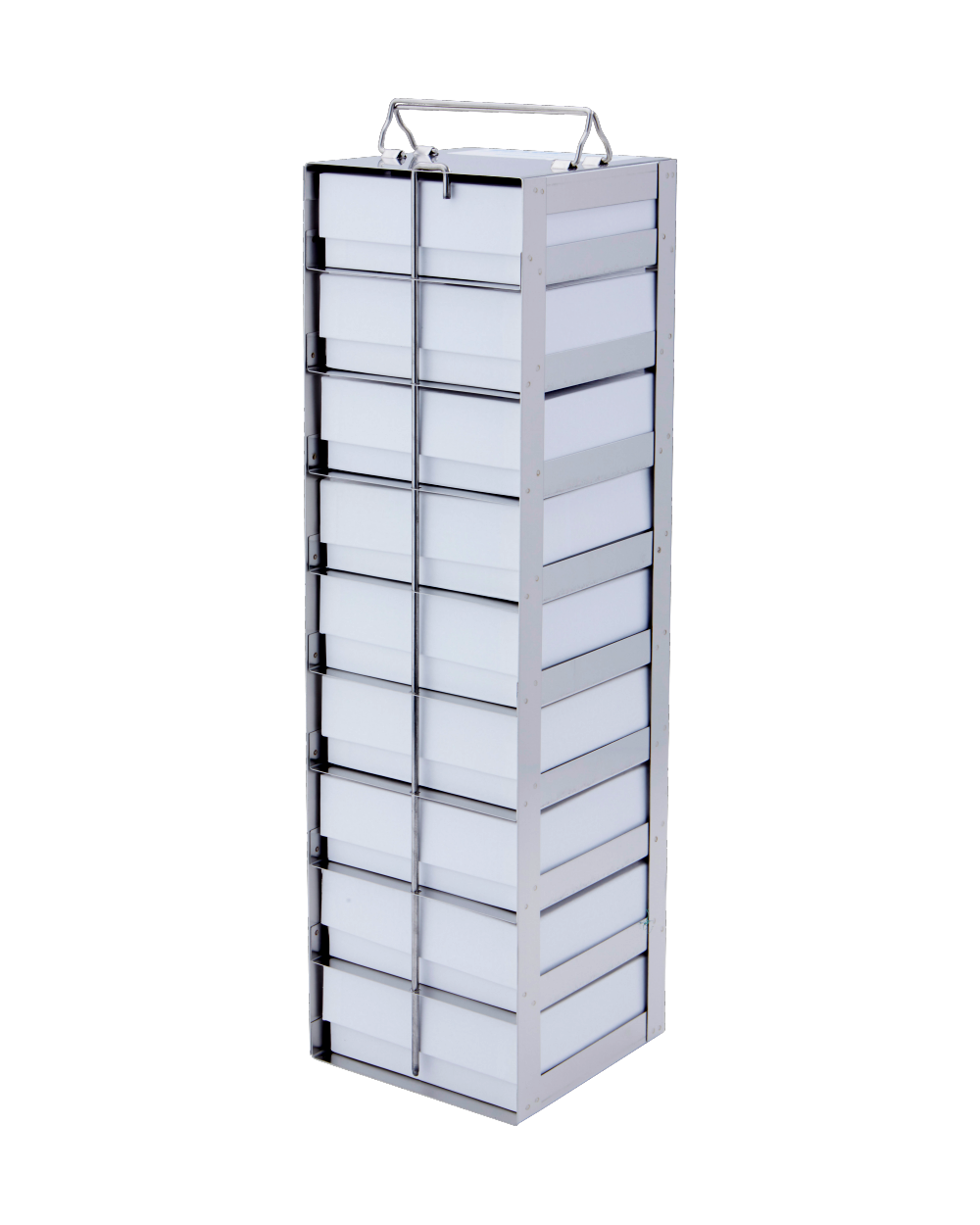 So-Low 19-13/16 x 5-5/8 x 5-1/2” - 9 shelves with 2” cardboard boxes