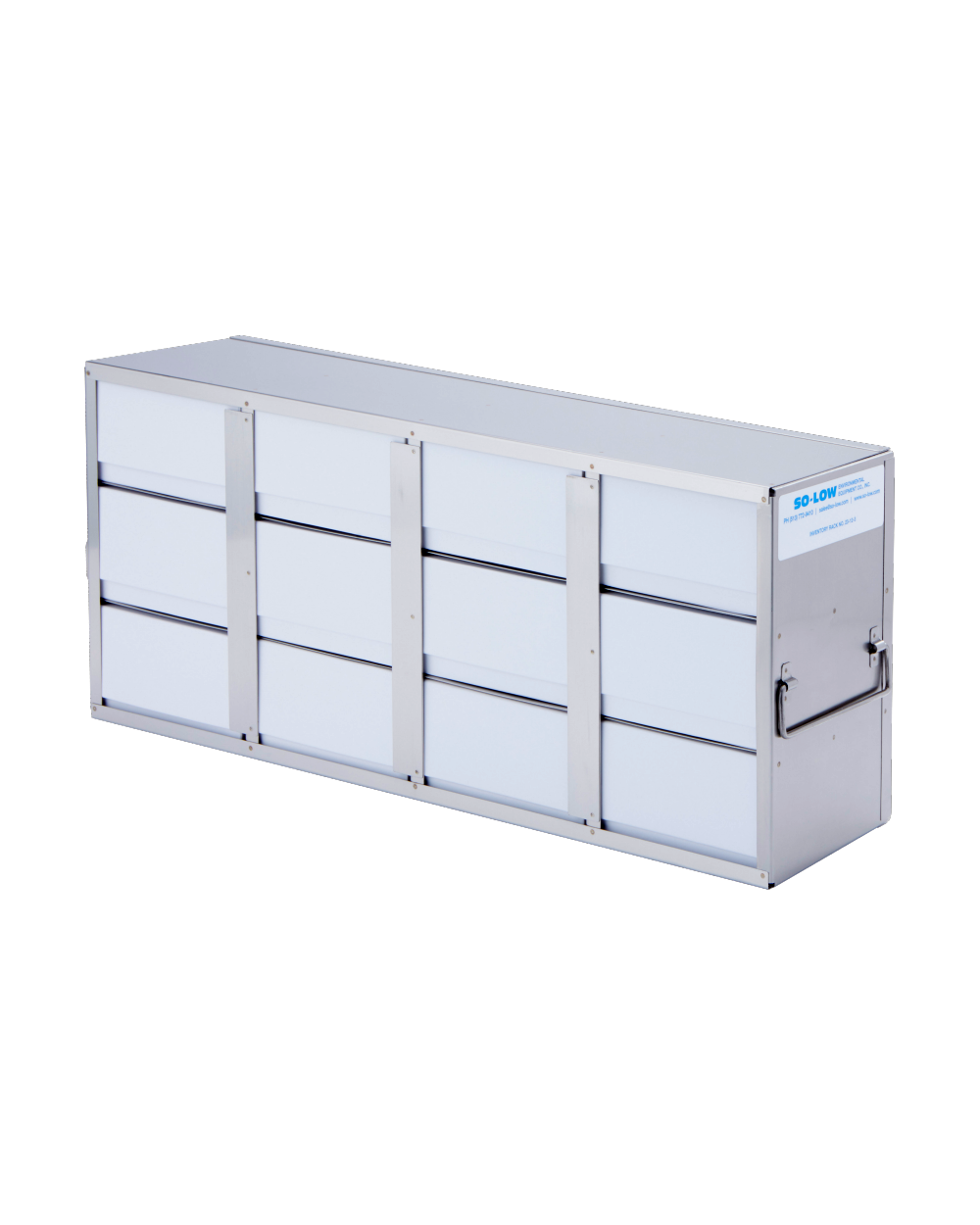 So-Low 21-5/8 x 9-3/8 x 5-1/2” - 12 shelves with 3” cardboard boxes