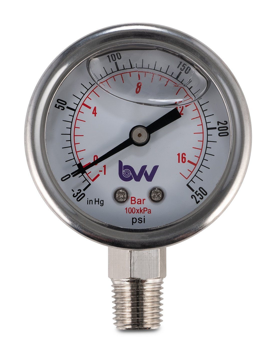 Glycerin Filled Compound Gauge with 1/4" NPT Base - (-30)-250 PSI