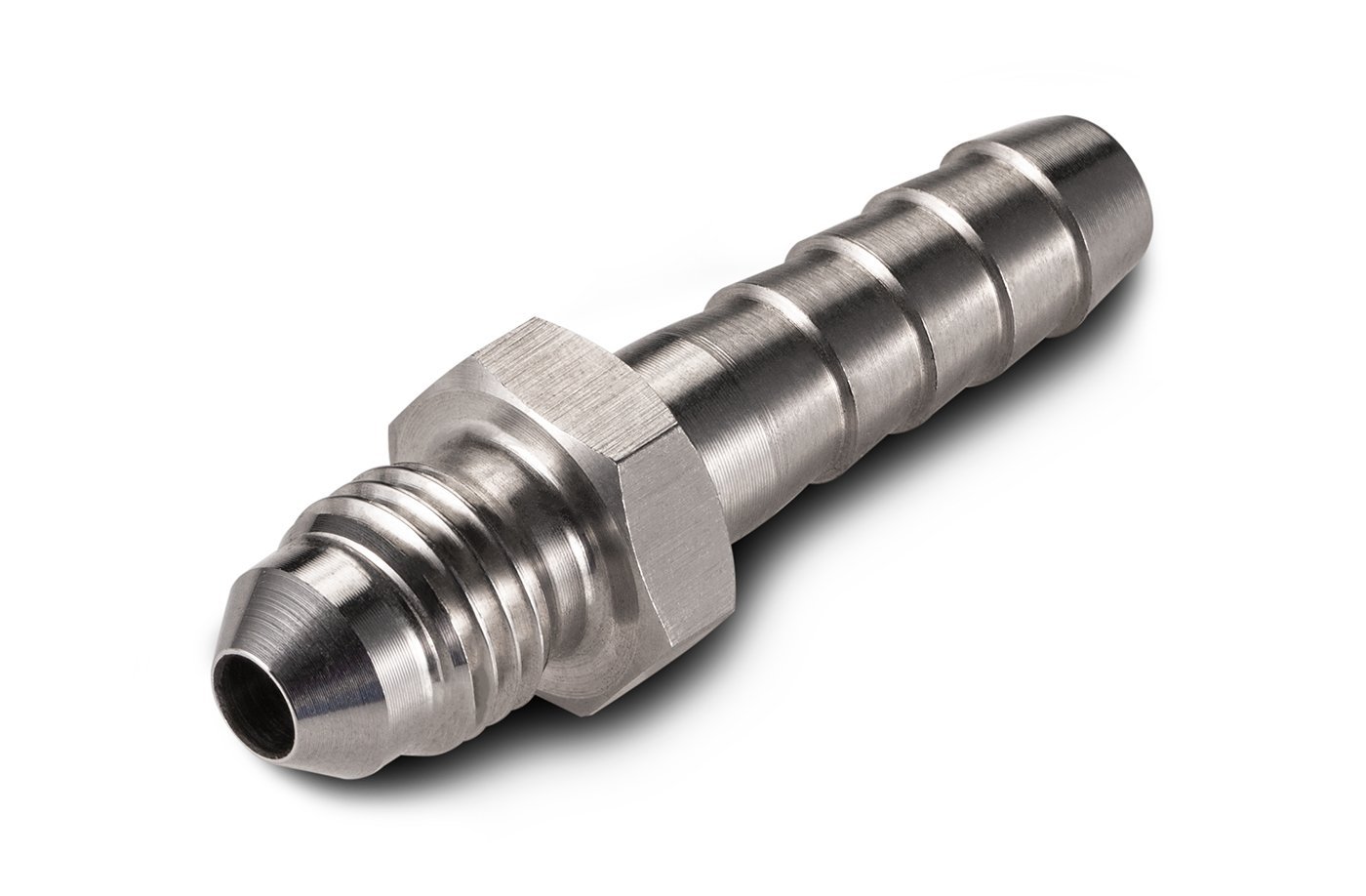 Stainless Steel 1/4" Hose Barb x 1/4" 37 Degree Flare