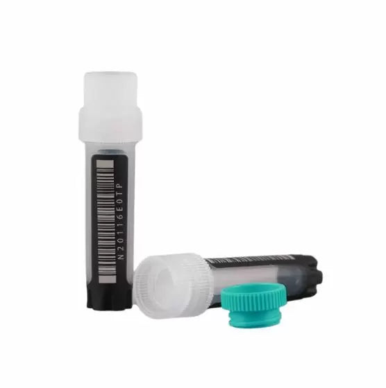 NEST Cryovials 2D barcode on bottom, and 1D barcode on side - Bulk packaging