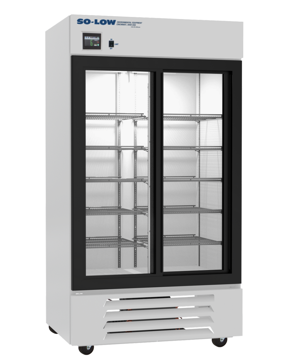 So-Low 2ºC to 8ºC, 38 cu. ft., two sliding glass doors, Cycle defrost, 115v