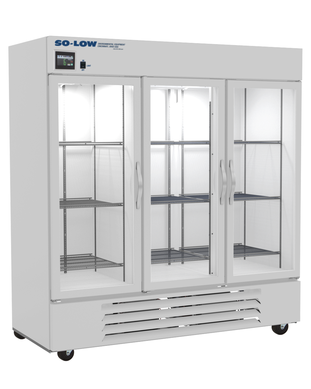 So-Low 2ºC to 8ºC, 72 cu. ft., three glass doors, Cycle defrost, 115 v.