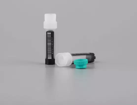 NEST Cryovials 2D barcode on bottom, and 1D barcode on side - Racked packaging