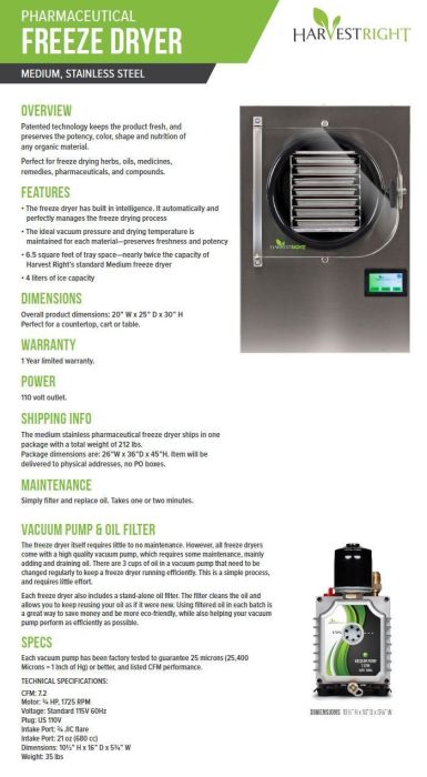 Harvest Right PHARMACEUTICAL Medium Freeze Dryer w/ 7.2 cfm Pump
