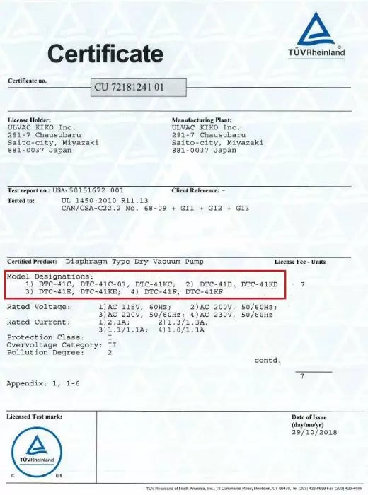 ULVAC DTC-41 230V 1.6 cfm 2-Stage Chemical-Duty Diaphragm Pump TUV