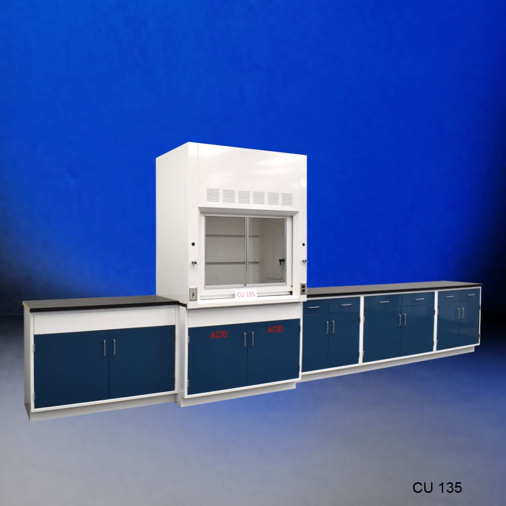 4′ Fisher American Fume Hood w/ Acid & General Storage & 14′ Laboratory Cabinets