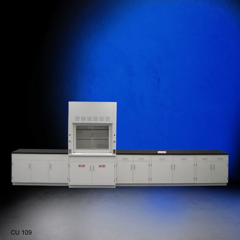 4′ Fisher American Fume Hood w/ Acid Storage & 15′ Cabinets