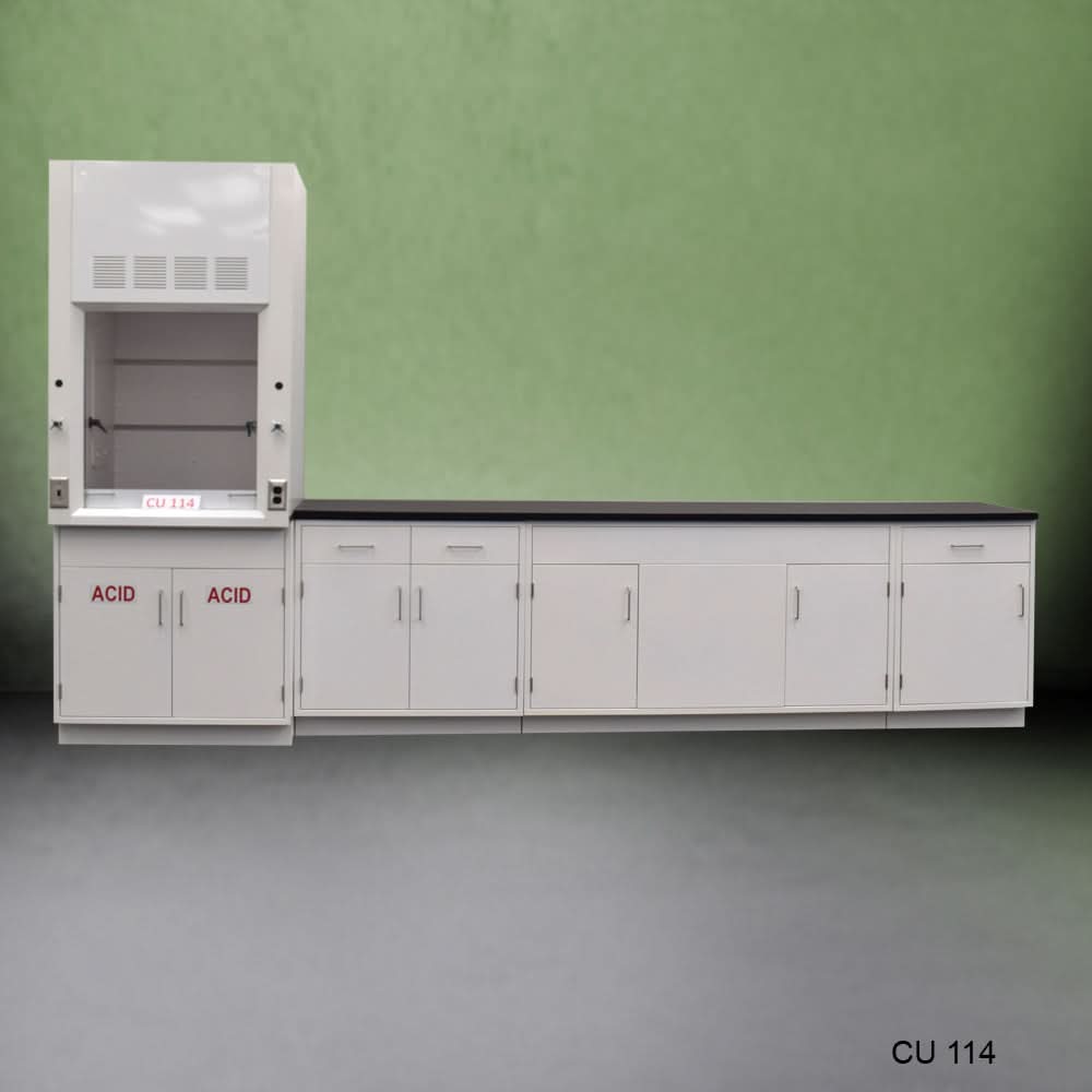 3′ Fisher American Fume Hood w/ 10′ Laboratory Cabinets & Acid Storage