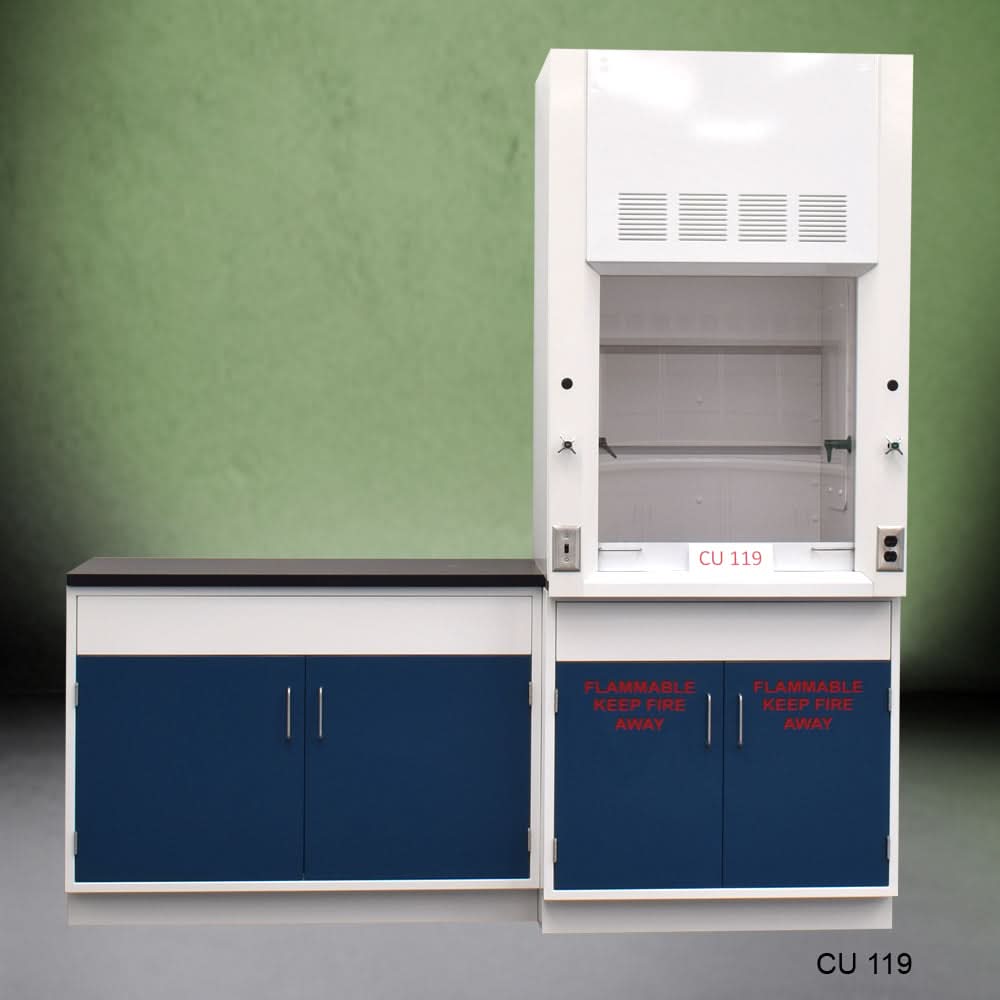 3′ Fisher American Fume Hood w/ Flammable Storage & 4′ Cabinet Group