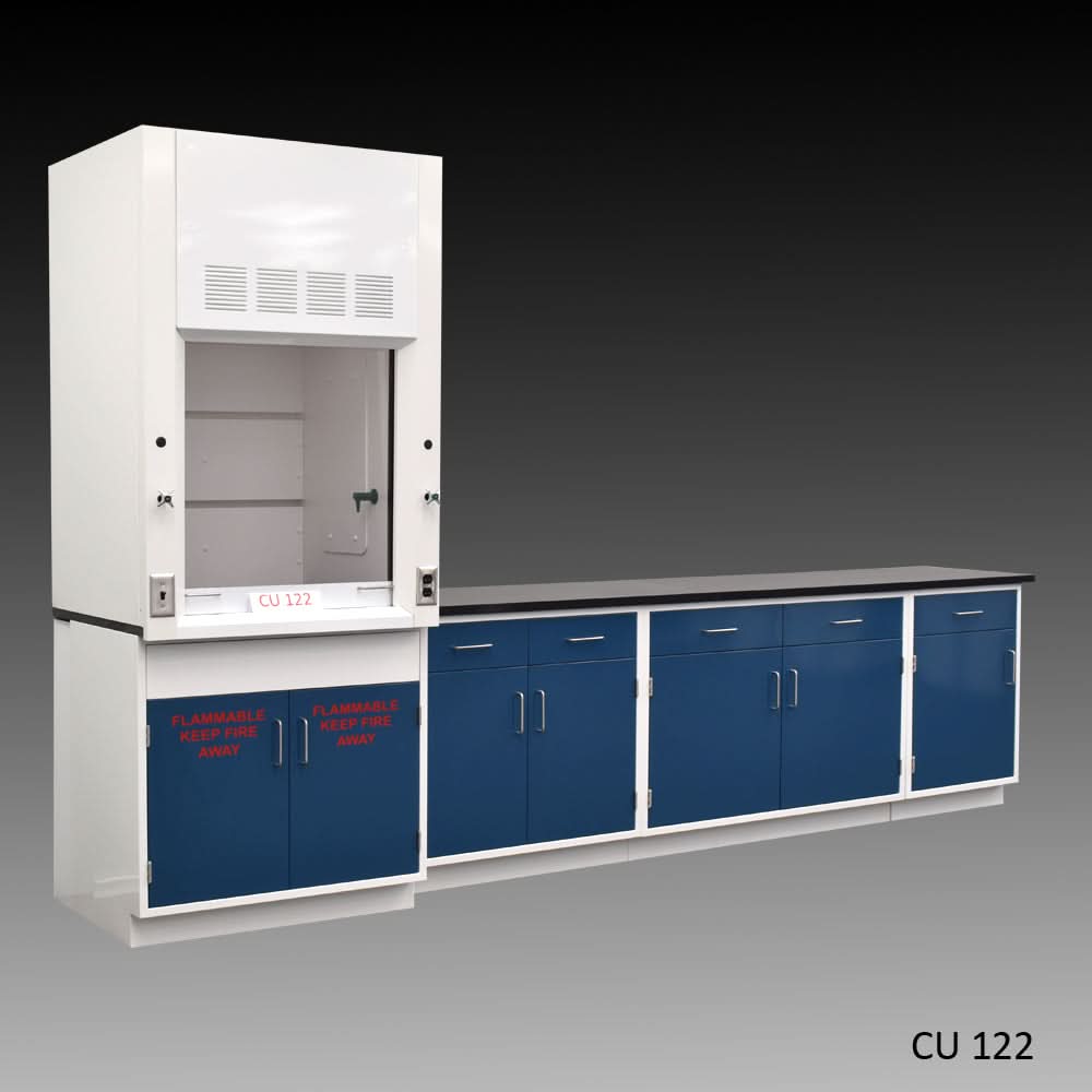 3′ Fisher American Fume Hood w/ Flammable Storage & 9′ Cabinets