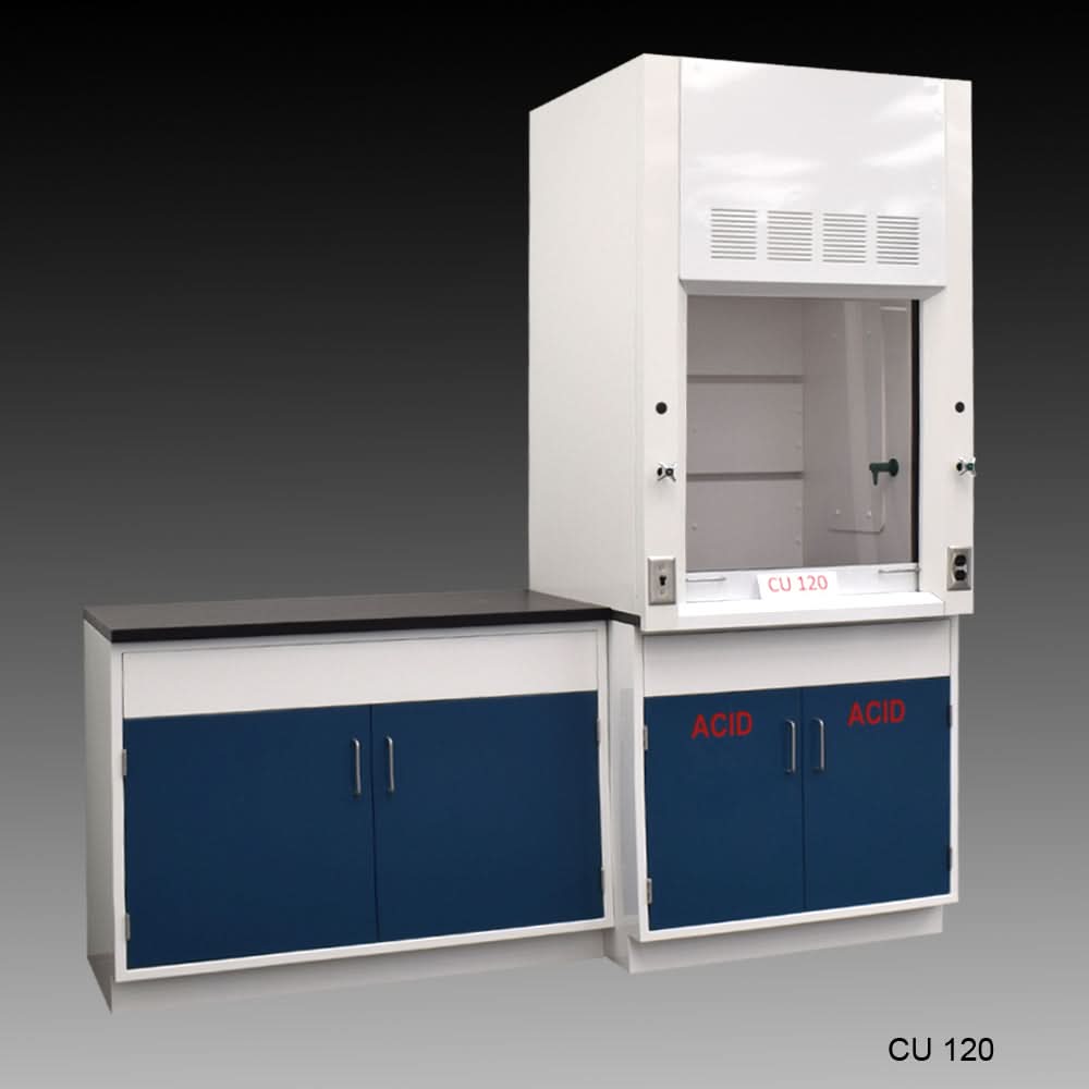 3′ Fisher American Fume Hood w/ 4′ Cabinets w/ Blue ACID Storage Cabinet
