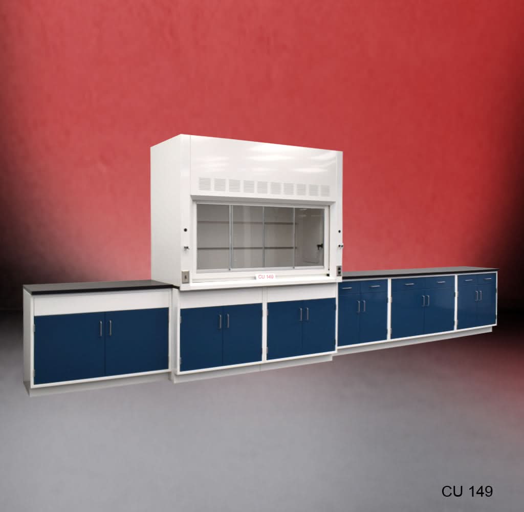 6′ Fisher American Fume Hood w/ General Storage & 14′ Laboratory Cabinet Group