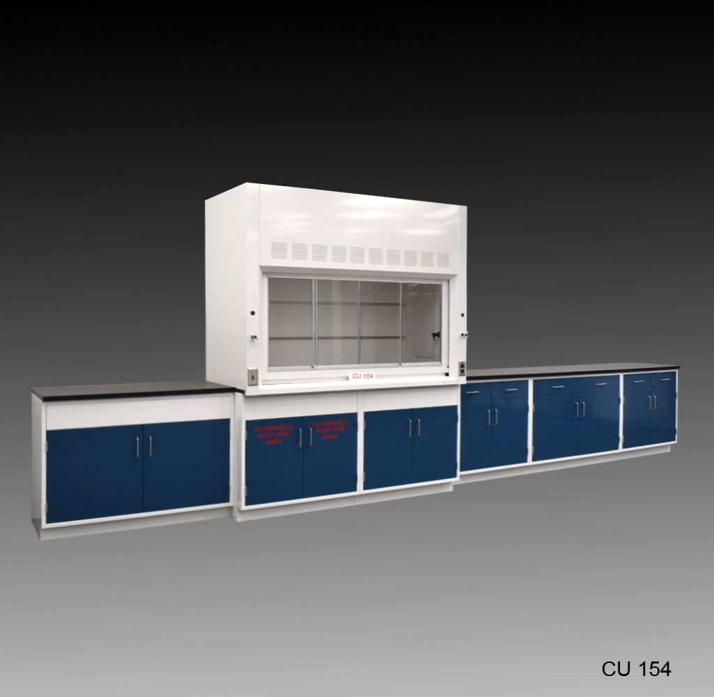 6′ Fisher American Fume Hood w/ Flammable Storage & 14′ Cabinet Group