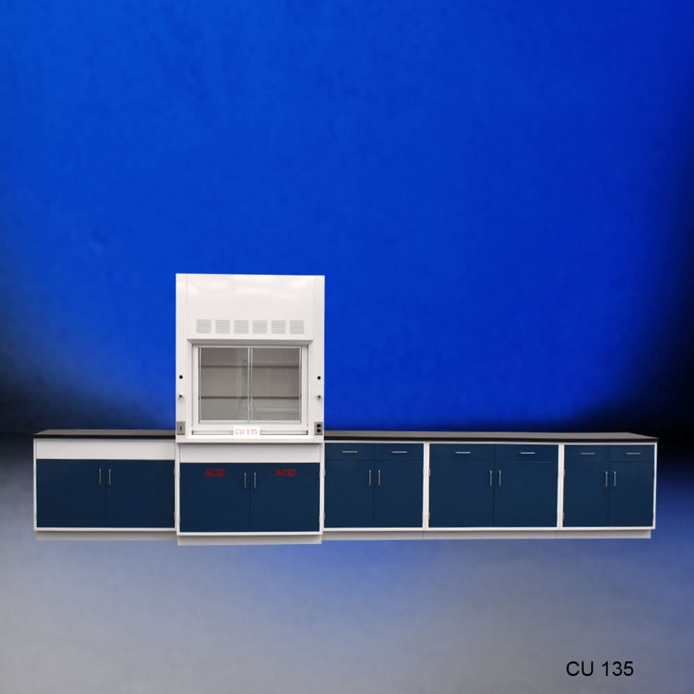 4′ Fisher American Fume Hood w/ Acid & General Storage & 14′ Laboratory Cabinets