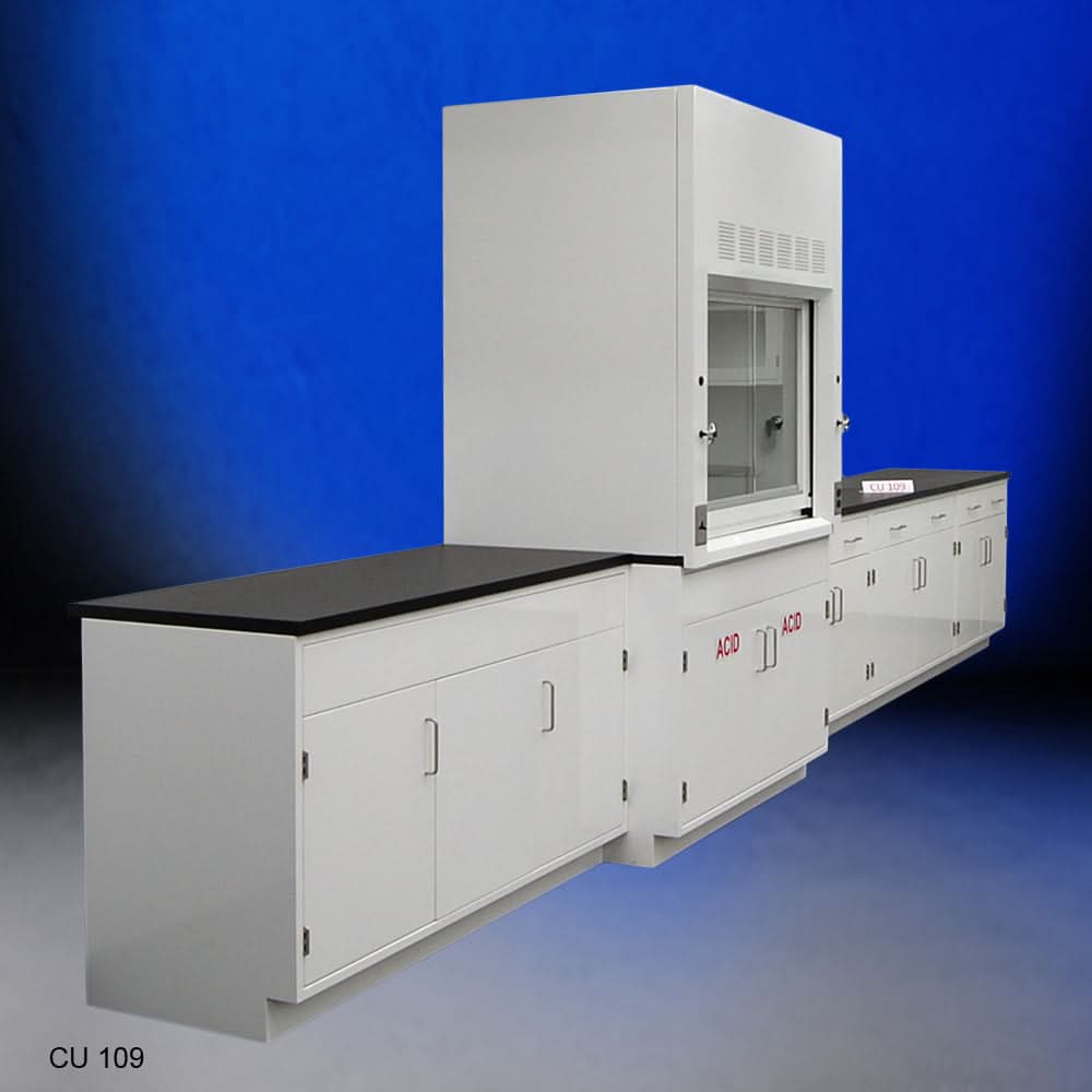 4′ Fisher American Fume Hood w/ Acid Storage & 15′ Cabinets