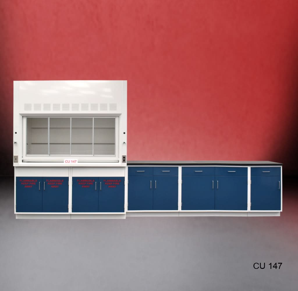 6′ Fisher American Fume Hood w/ 9′ Flammable & General Storage & 9′ Laboratory Cabinets